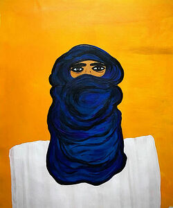 This painting captures a fascinating moment in the vast Sahara Desert, where I encountered the Tuaregs, known as the "Blue Men of the Desert." Tuaregs are nomadic Berber ethnic groups, native to Morocco and other regions of North Africa, including Algeria, Mauritania, Libya, Niger, and Mali.    The cunning Tuareg depicted in this painting embodies the mysterious spirit of the Sahara. Adorned in traditional indigo-blue attire and a pristine white jellabiya, his presence is simultaneously mysterious and sudden. The intricate patterns on the fabric speak to a rich cultural heritage, while the nomadic spirit is manifested in every detail.    The desert landscape serves as a backdrop to this encounter, enhancing the aura of the Tuareg’s nomadic way of life. This portrait conveys the essence of this people and their connection to the vast desert, which defines their existence.    Acrylic on canvas, acrylic marker, varnish, 47x56cm, 2023