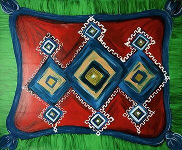 This painting pays homage to the cultural richness of Morocco, highlighting the significance of Berber pillows beyond mere decor. Woven from natural wool, these pillows showcase traditional patterns that are deeply rooted in Moroccan culture.     Each thread tells a story, intricately embroidered with beads and sequins, offering a vibrant tapestry that transcends the boundaries of mere home adornment. The artwork captures the essence of the Berber heritage, celebrating the craftsmanship and artistry embedded in these cultural artifacts.    Acrylic on canvas, oil sticks, varnish, 58x47cm, 2023