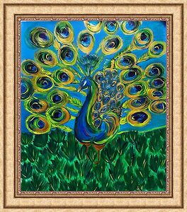 The painting encapsulates the mesmerizing spectacle that unfolded before me amidst the company of hundreds of wild peacocks in the heart of India. The canvas pulsates with lively colors and intricate details, eloquently portraying the breathtaking beauty of these splendid birds set against the serene backdrop of an oasis.  In the forefront, a regal peacock commands attention, its iridescent plumage meticulously rendered with exquisite detail. The vibrant tones of blues, greens, and golds appear to dance as the bird proudly showcases its resplendent tail feathers. Each intricate pattern on its feathers serves as a testament to the mesmerizing designs inherent in nature.  "Peacock Strolls Through the Oasis" is, at its core, a jubilant homage to the irresistible allure of India’s wildlife. Here, the untamed elegance of wild peacocks harmoniously intertwines with the peaceful charm of an oasis, imprinting an enduring impression on the observer.    Acrylic on canvas, acrylic wax, varnished, 47x60cm