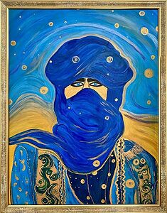 «Tuareg in blue and gold», 2023     In this naive painting, a Tuareg figure, draped in opulent blue and gold robes, conceals their face, revealing only a mesmerizing gaze. Legend speaks of a nomadic warrior, a guardian of ancestral heritage and wisdom, veiled in mystery and revered for their valor and wisdom.    The Tuareg’s attire reflects the vibrant hues of the Maghreb, a region that has captivated my travels with its diverse cultures and enchanting landscapes. As I journeyed through the Maghreb, I encountered the Tuareg people, guardians of ancient traditions and captivating tales. Their richly adorned clothing and veiled countenances hinted at stories untold, steeped in a legacy spanning generations.    In this painting, the essence of my travels interweaves with the enigmatic Tuareg figure, capturing the essence of Maghreb’s allure — a blend of mystique, cultural richness, and the timeless spirit of a region steeped in history and tradition.    Acrylic on canvas, fluorescent paints, varnish, 47x60cm«Tuareg in blue and gold», 2023     In this naive painting, a Tuareg figure, draped in opulent blue and gold robes, conceals their face, revealing only a mesmerizing gaze. Legend speaks of a nomadic warrior, a guardian of ancestral heritage and wisdom, veiled in mystery and revered for their valor and wisdom.    The Tuareg’s attire reflects the vibrant hues of the Maghreb, a region that has captivated my travels with its diverse cultures and enchanting landscapes. As I journeyed through the Maghreb, I encountered the Tuareg people, guardians of ancient traditions and captivating tales. Their richly adorned clothing and veiled countenances hinted at stories untold, steeped in a legacy spanning generations.    In this painting, the essence of my travels interweaves with the enigmatic Tuareg figure, capturing the essence of Maghreb’s allure — a blend of mystique, cultural richness, and the timeless spirit of a region steeped in history and tradition.    Acrylic on canvas, fluorescent paints, varnish, 47x60cm