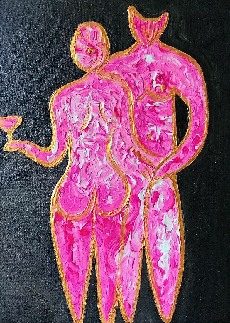 Яркая сочная маджента в сочетании с нежным розовым и добавлением белого в золотой кайме на синем, почти чёрном фоне, похожее на ночное небо в пустыне.     Холст на картоне, акрил.   30х40см  5000р.