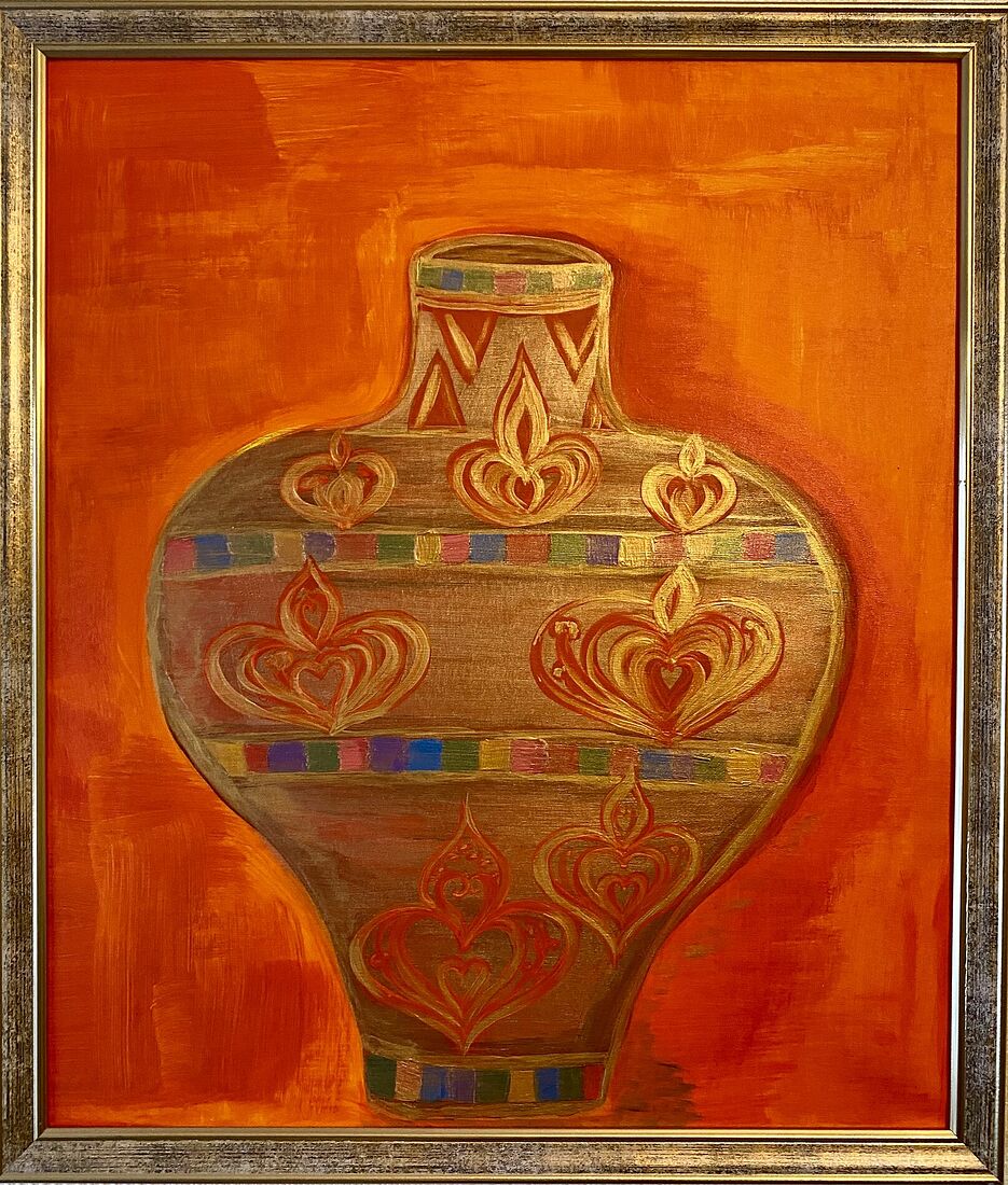 Картина "Античная ваза" - это визуальное исследование непредсказуемых открытий, символизирующее непрерывное путешествие жизни. Холст передает суть любопытства и магии неизведанного, фокусируясь на античной вазе, украшенной яркими оранжевыми узорами, рассказывающими богатую и таинственную историю.         Значимость картины заключается в отражении двойственной природы исследования, где стремление к неизведанному может привести как к ценным сокровищам, так и к открытию красоты в кажущемся обыденном.   "Античная ваза" приглашает зрителей задуматься о непредсказуемом пути жизни, напоминая о потенциале величия и простоты в каждом стремлении к неизведанному.