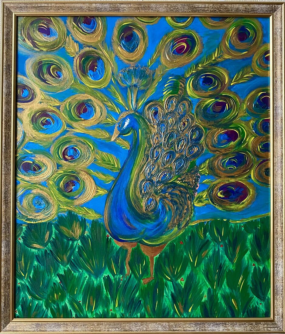 Картина запечатлевает завораживающую картину, которая развернулась передо мной во время встречи с сотнями диких павлинов в самом сердце Индии. Холст наполнен яркими красками и тонкими деталями, выразительно передавая захватывающую красоту этих великолепных птиц на фоне спокойного оазиса.  На переднем плане величественный павлин привлекает внимание, его переливающееся оперение детально изображено с изысканностью. Яркие оттенки синего, зеленого и золота словно танцуют, когда птица гордо демонстрирует свои великолепные хвостовые перья. Каждый сложный узор на перьях служит свидетельством о завораживающих дизайнах, заложенных природой.  "Павлин гуляет по оазису" - это, прежде всего, восторженное восхищение неотразимым влечением дикой природы Индии. Здесь дикая элегантность павлинов гармонично переплетается с мирным очарованием оазиса, оставляя непреходящее впечатление у зрителя.    Холст, акрил, акриловый воск, лак, 47x60cm