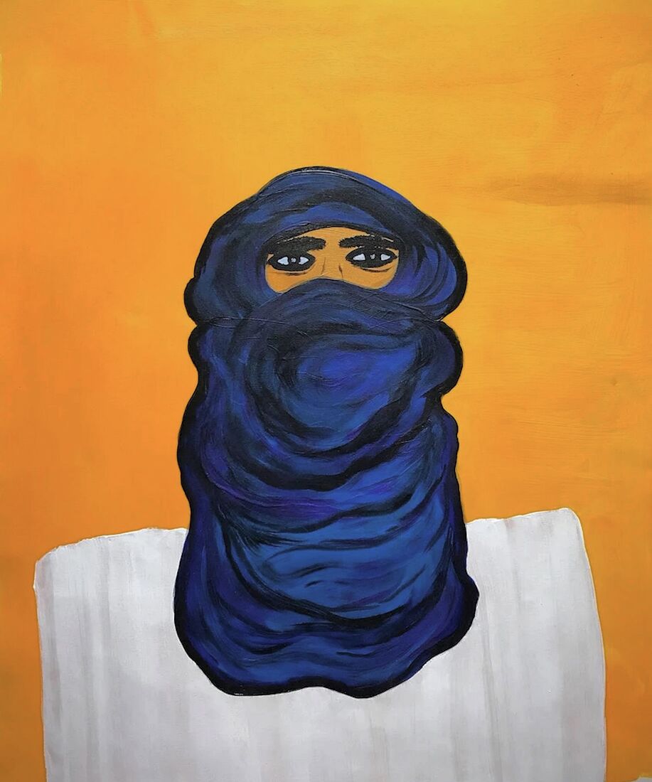 Эта картина запечатляет увлекательный момент в бескрайней пустыне Сахара, где я встретила Туарегов, известных как "синие люди пустыни". Туареги — это кочевые этнические группы берберов, коренные обитатели Марокко и других регионов Северной Африки, включая Алжир, Мавританию, Ливию, Нигер и Мали.    Хитрый Туарег, изображенный на этой картине, воплощает загадочный дух Сахары. Одетый в традиционное индиго-синее одеяние и белоснежную галабею, его присутствие одновременно таинственно и внезапно. Завитки узоров на ткани рассказывают о богатом культурном наследии, а дух кочевничества проявляется в каждой детали.    Пустынный ландшафт служит фоном для этой встречи, усиливая ауру кочевого образа жизни туарегов. Этот портрет передает суть этого народа и их связь с необъятной пустыней, что определяет их существование.    Холст, акрил, акриловый маркер, лак, 47х56 см, 2023