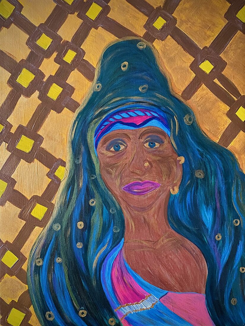 Она смотрит из глубин веков — спокойно и уверенно, как та, кто знает цену свету и тьме. Её волосы текут темно синими реками, в них спрятаны звезды и истории, передаваемые от матерей к дочерям.     Золотая сетка за её спиной словно карта дорог, по которым она прошла, собирая в сердце мудрость, любовь и боль.    Это образ женской силы — мягкой, но несокрушимой, как вода. Она хранит тайны мира и учит нас: стойкость может быть нежной, а нежность — сильной.    Яркая расцветка ее одежды символизирует несгибаемую стойкость и решимость к продолжению жизни, вне зависимости от происходящих событий в этом мире.     Холст, акрил, акриловый воск, 47х59 см