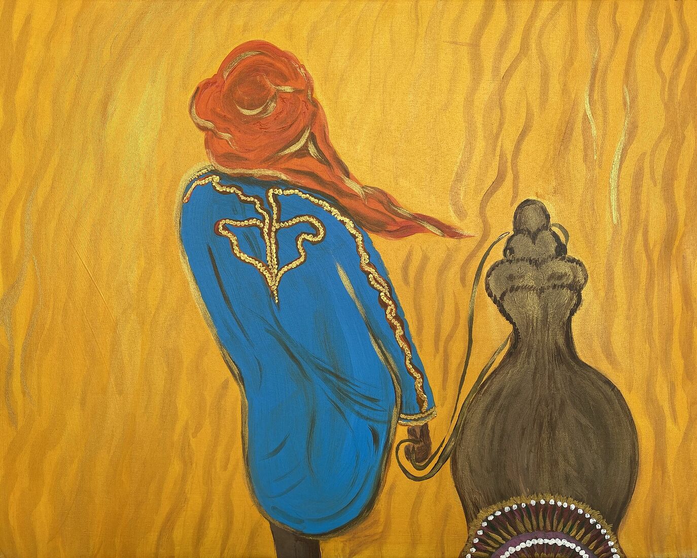 Эта картина рассказывает о моем путешествии по Сахаре в Марокко. Эта сцена запечатлена, когда я сижу верхом на верблюде, а гид-туарег ведет нас через изящные песчаные дюны.  Туарег, чья одежда украшена яркими синими и золотыми узорами, и верблюд создают динамичный образ на фоне золотистых песков пустыни. “Туарег с верблюдом в Сахаре” приглашает вас разделить красоту и простоту кочевого путешествия и вечной привлекательности Сахары.    Холст, акрил, лак, 58х47 см, 2023