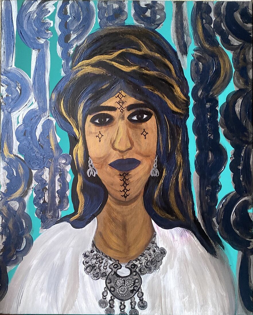 Это произведение искусства воплощает красоту и традиции женщин племени берберов, одного из древнейших этнических сообществ Северной Африки с богатой историей. Берберы, одна из старейших этнических групп региона, имеют предков, упомянутых в древнеегипетских надписях, и термин "бербер" происходит от греков, которые обозначили их "варварами" из-за непонимания языка. Интересно, что берберы имеют европейские корни и являются коренным населением Северной Африки, отличаясь как от черных африканцев, так и от арабов. В период византийского господства христианство было господствующей религией среди берберов, и только после завоевания северной части Африки арабами они приняли ислам.  Встреча с этим народом во время моих путешествий по Марокко была увлекательной, и я узнала многое об истории этого региона.    Лицо этой берберки украшено татуировками, ее глаза подчеркнуты сурьмой, излучая таинственность и глубину. Длинные черно-смолянистые волосы и ее смуглая кожа переливаются золотистым оттенком, подчеркивая роскошь естественной красоты. Черный платок с золотыми и фиолетовыми нитями добавляет изысканности ее образу, а серебряные украшения дополняют облик, подчеркивая ее статус и величие. Орнаменты на заднем плане выполнены в стиле традиционного берберского искусства, раскрывая великолепие и насыщенность берберской истории.    Холст, акрил, лак, 47х57 см, 2023