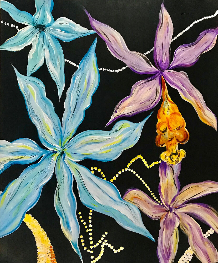"Чувственность" - это произведение искусства, где нежные цветы, расцветающие на черном фоне в лилово-голубых оттенках, придают картине особую эмоциональную глубину. В каждом штрихе заложены не только красота и изысканность, но и личные переживания, которые я стремилась выразить через свое восприятие красоты.   Эта работа, созданная техникой акрила на холсте, приглашает зрителя в путешествие по миру чувственности и нежности, где каждая крошечная деталь обретает особый смысл и значение.    Холст, акрил, лак, 47x57 cм